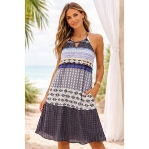 Prana Boho Coastal Halter Dress Small Sleeveless Mini Summer Tribal Geo Print